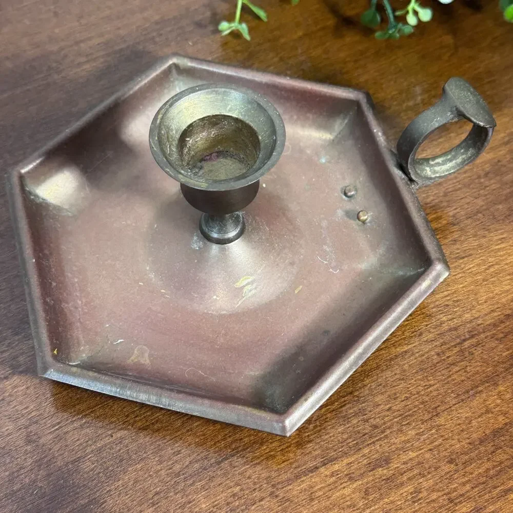 Vintage Brass Chamberstick Candle Holder 6-Sided Hexagonal India Y5